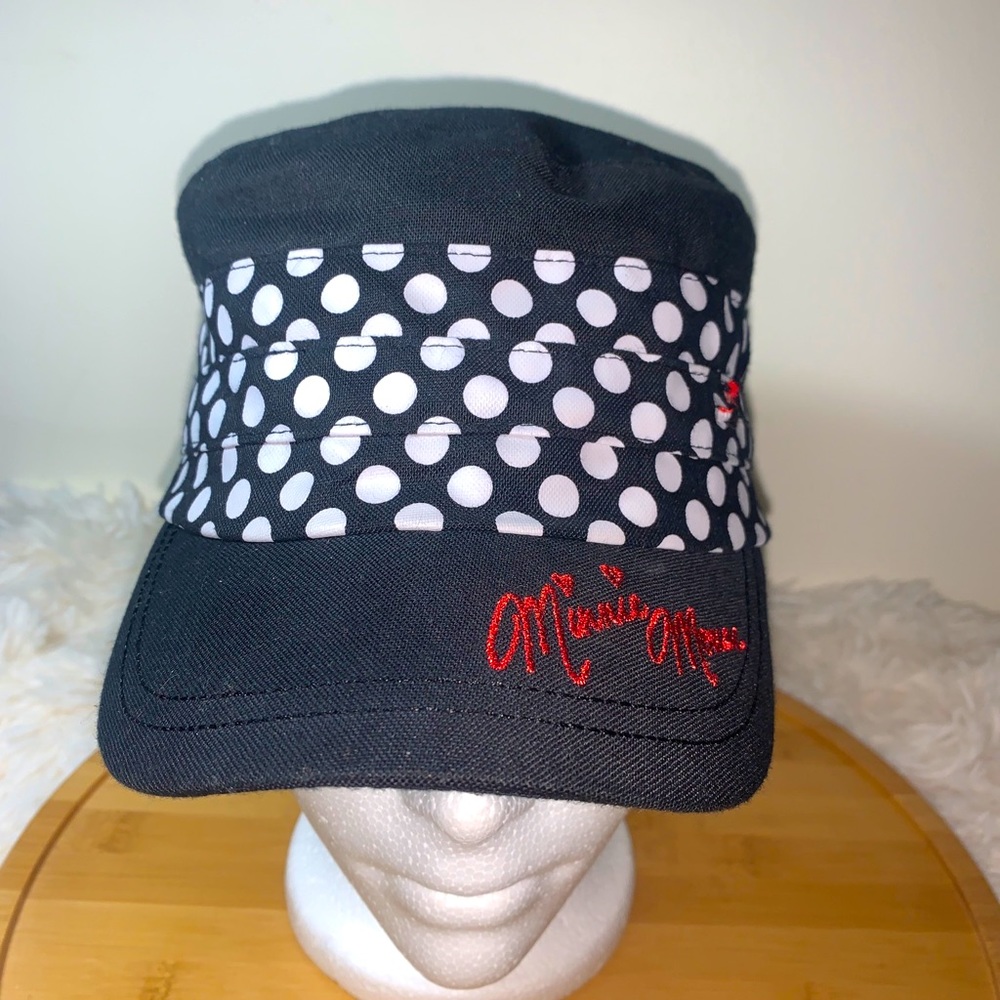 Disney Minnie Mouse Hat Cadet Style Embroidered Polka Dots Black & White